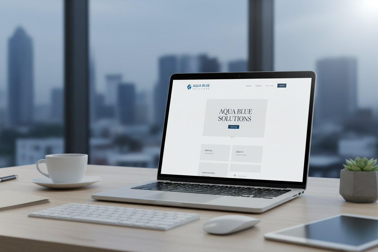modern clean website design on laptop screen, minimalist web interface, professional digital workspace, cool tones