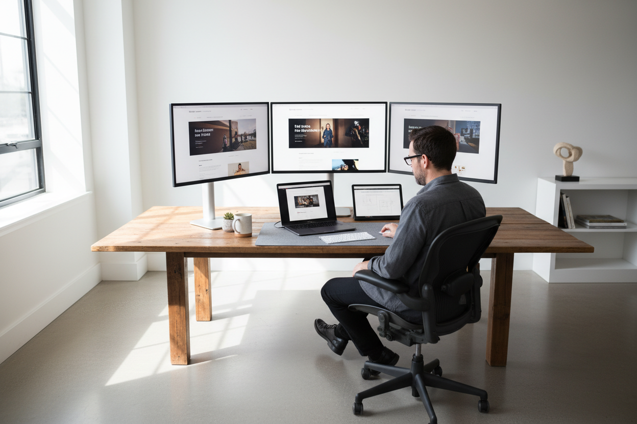 modern creative workspace with multiple screens showing web designs, clean desk setup, designer working on laptop, professional office environment, natural light, minimalist aesthetic