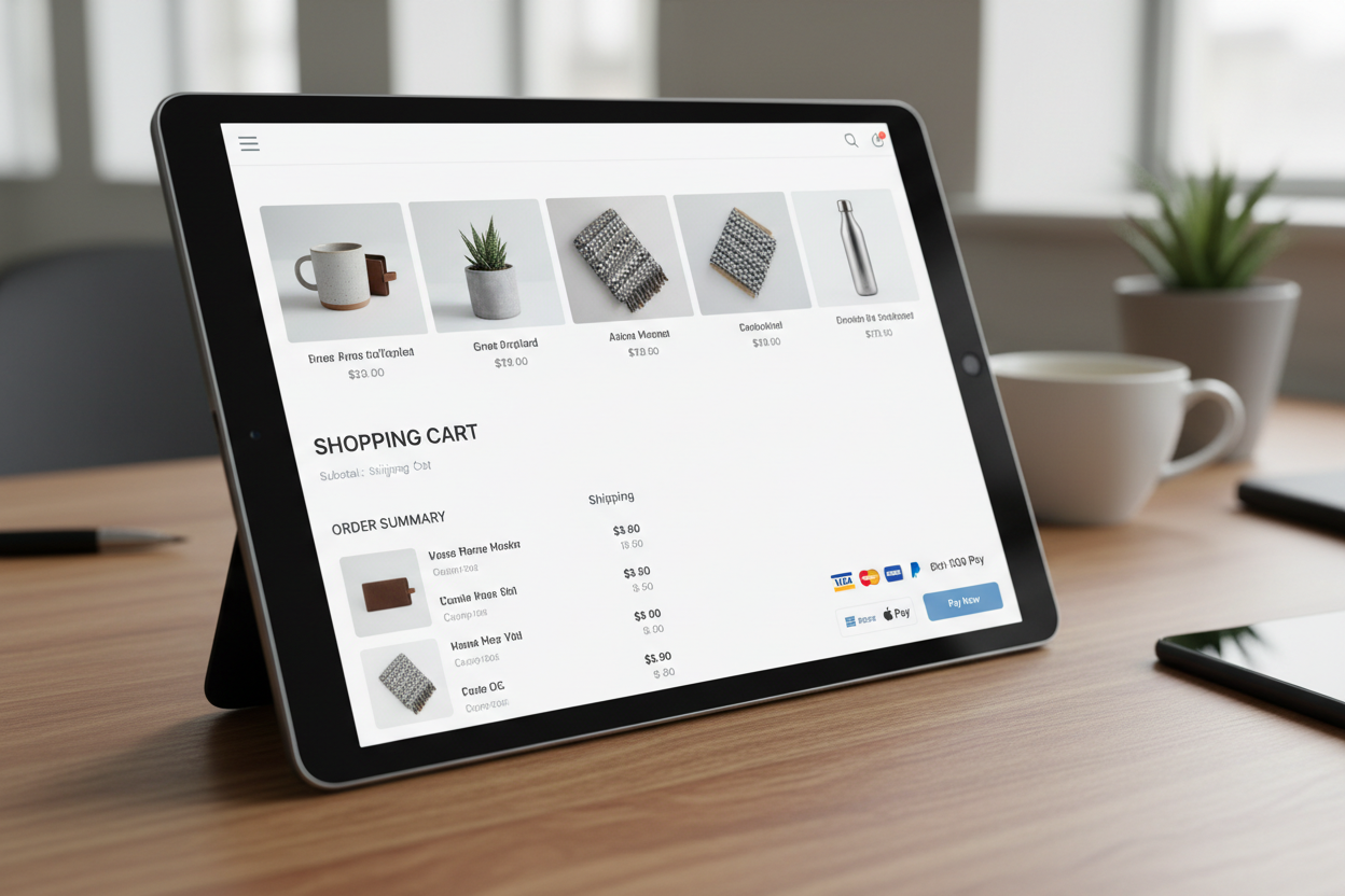 online shopping cart checkout screen on tablet, e-commerce product gallery, shopping website interface, modern online store design