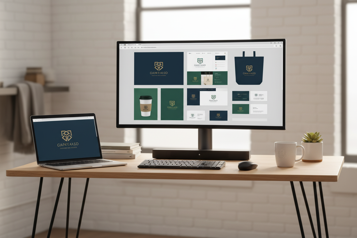 Professional clean workspace with computer monitor displaying logo designs and brand identity mockups, modern desk setup, minimalist aesthetic, soft lighting, professional photography style