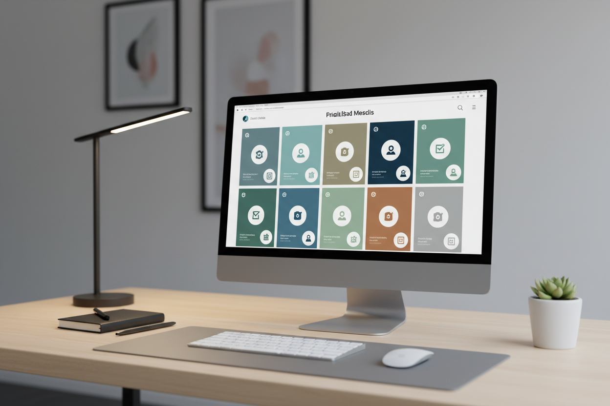 Professional clean workspace with computer monitor displaying social media profile designs, modern desk setup, minimalist aesthetic, soft lighting, professional photography style