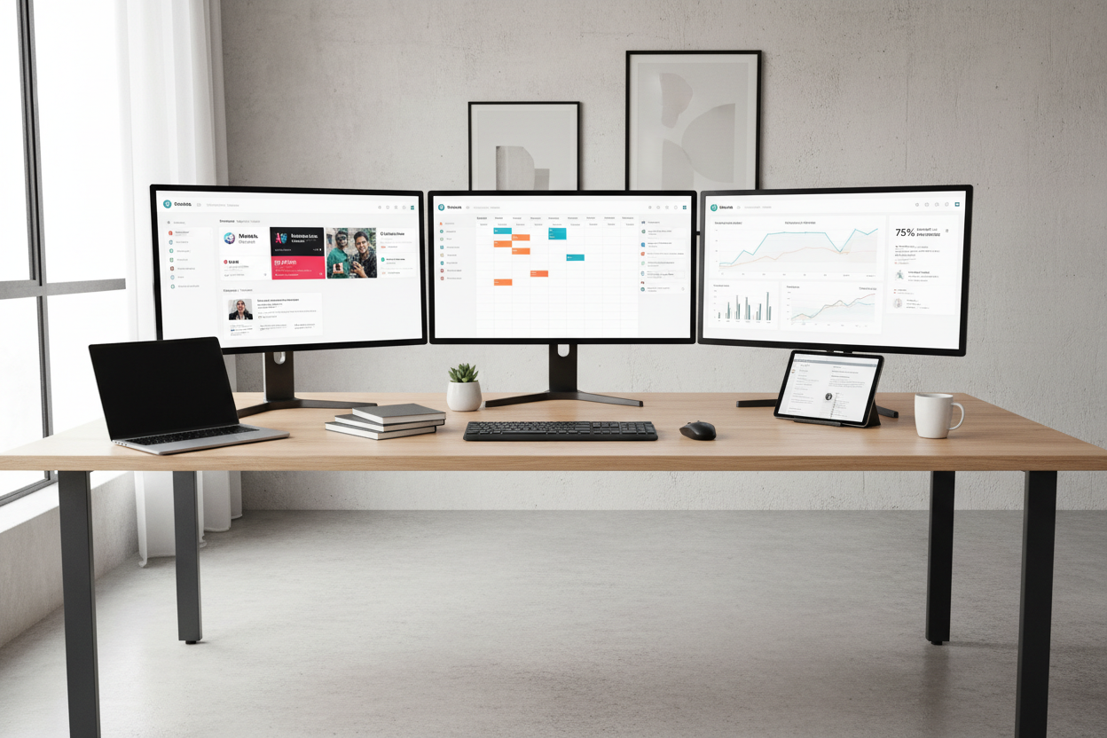 "Professional clean workspace with multiple computer monitors displaying social media dashboards, content calendars, and analytics graphs, modern desk setup with laptop and tablet, minimalist aesthetic, soft natural lighting, professional photography style"

