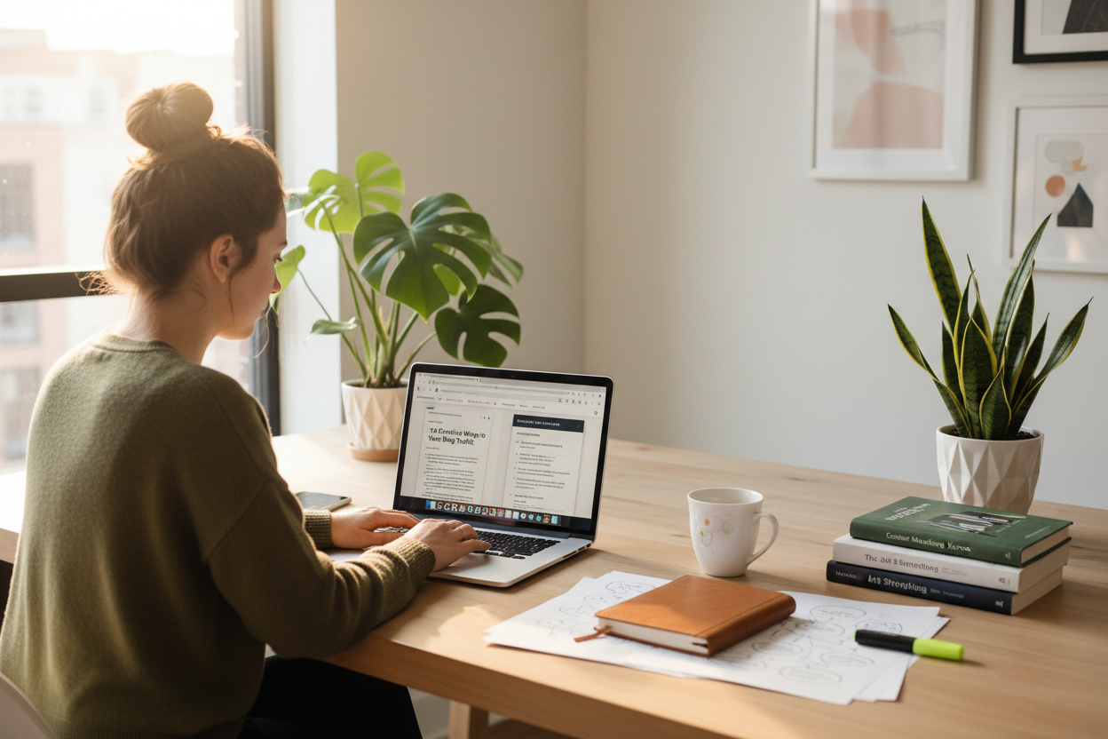 Professional content writer working on laptop with blog articles and copywriting on screen. Modern desk with coffee cup, notebook, books, and research materials. Multiple browser tabs showing SEO tools and keyword research. Bright, clean workspace with plants and natural lighting. Professional, creative aesthetic.