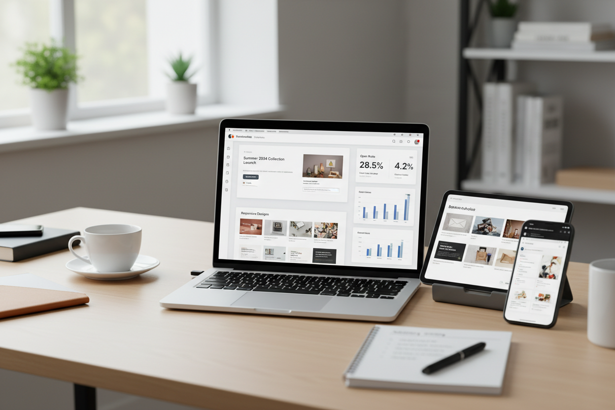 Professional email marketing workspace showing laptop with email campaign interface, analytics dashboard with open rates and click-through metrics. Modern desk with tablet displaying email templates, smartphone showing mobile email preview. Clean workspace with coffee cup, notebook with marketing notes. Bright, professional, marketing-focused aesthetic.