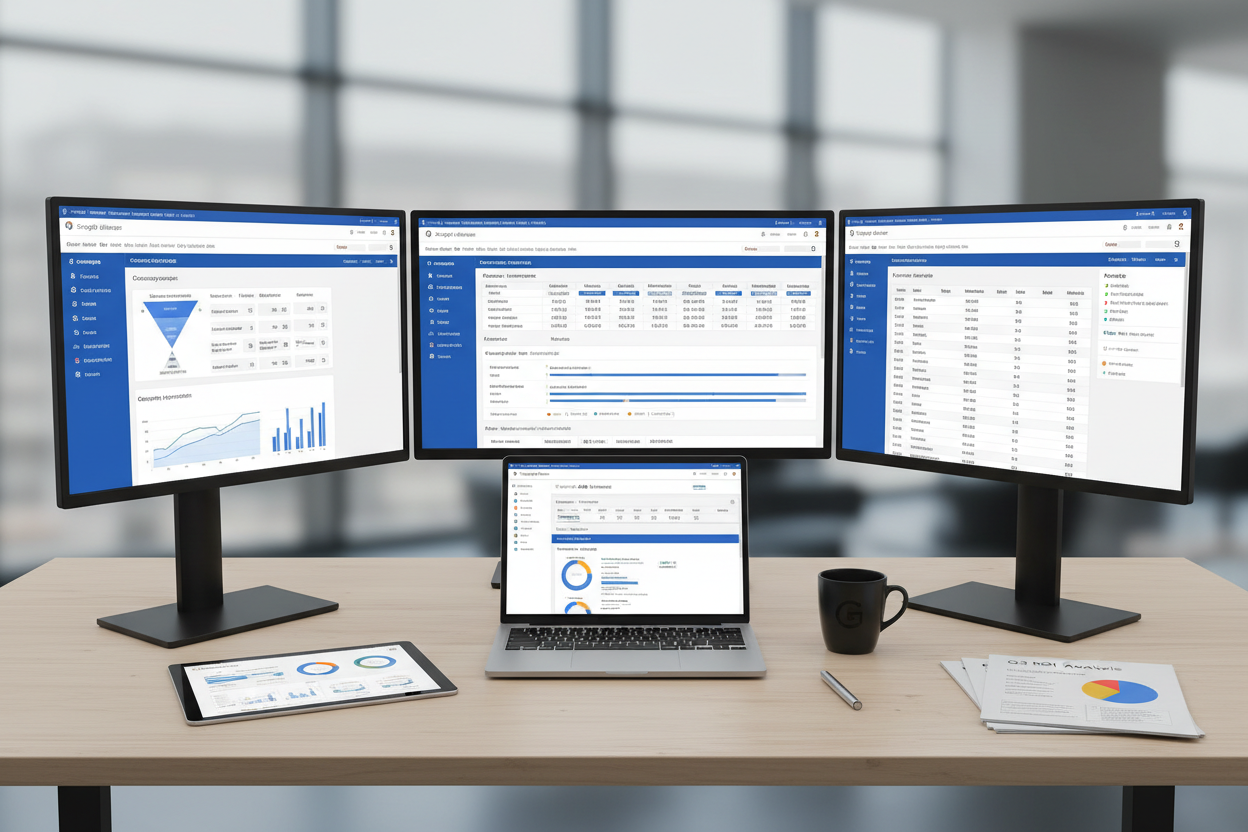 Professional Google Ads dashboard on multiple monitors showing PPC campaign performance, conversion tracking, keyword bidding interface, and ROI analytics. Modern workspace with laptop displaying Google Ads manager, tablet with campaign metrics and graphs. Clean desk with coffee cup, pen, and marketing reports. Bright, professional, tech-focused aesthetic.