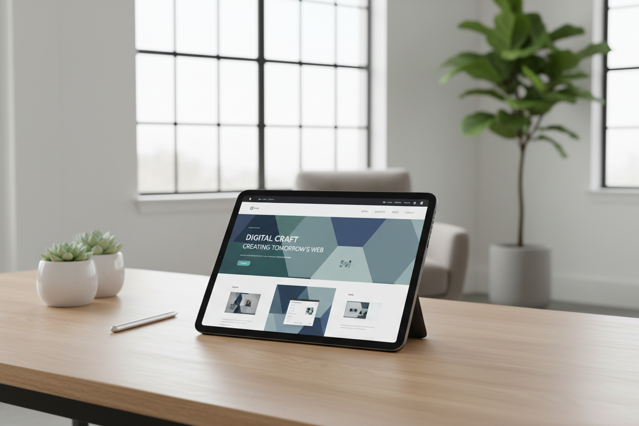 professional iPad Pro mockup displaying modern web design agency website, clean minimalist office background, natural lighting, sleek desk setup, high quality product photography